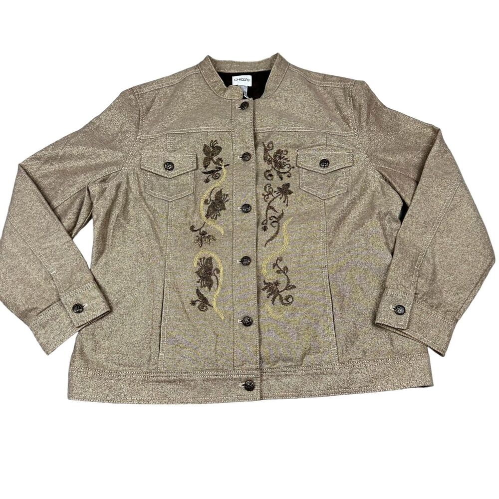 Chicos Jacket Women Size 3 Gold‎ Metallic Floral Embroidered Button Front